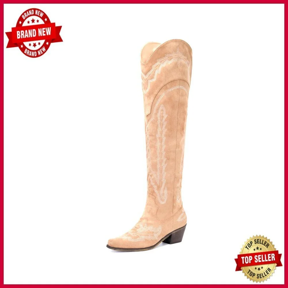 Over the Knee Cowboy Boots with Embroidery Chunky Heel Side Zipper Thigh High